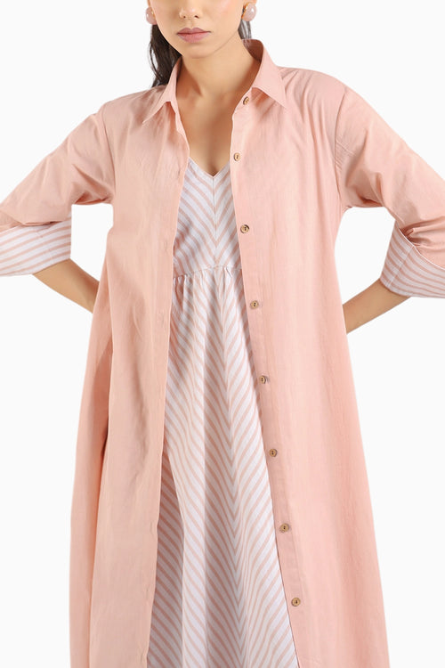 Dust Rose Flared Long Dress Paired With A Shirt
