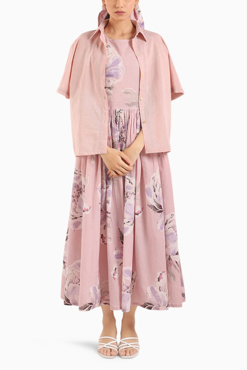 Nude Pink Shirt Dress Paired With A Striped Slip