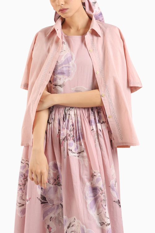 Nude Pink Shirt Dress Paired With A Striped Slip