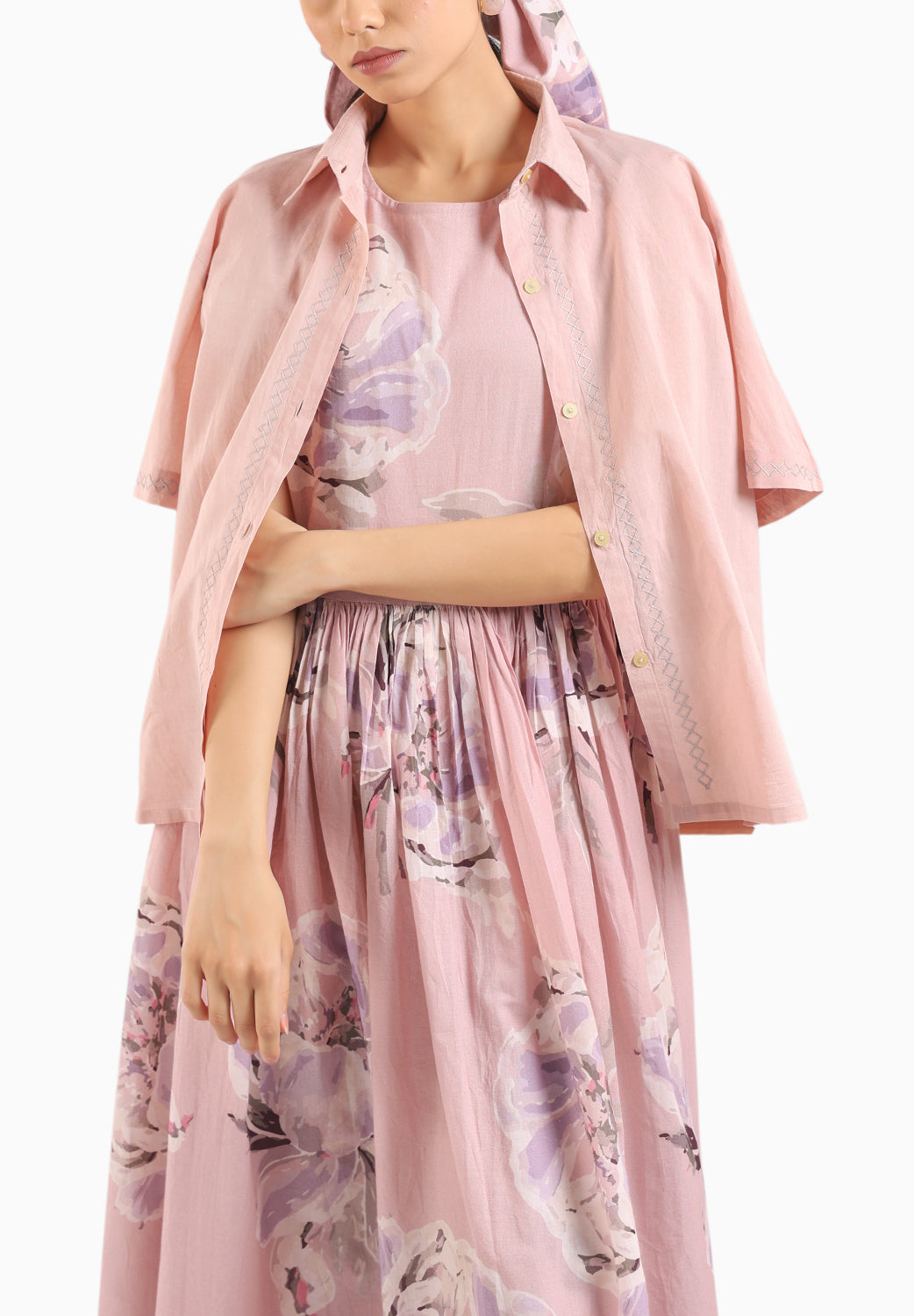 Nude Pink Shirt Dress Paired With A Striped Slip