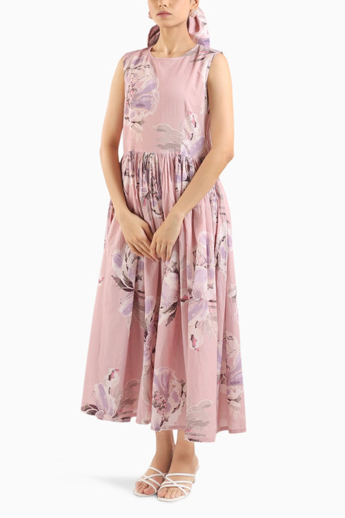 Nude Pink Shirt Dress Paired With A Striped Slip