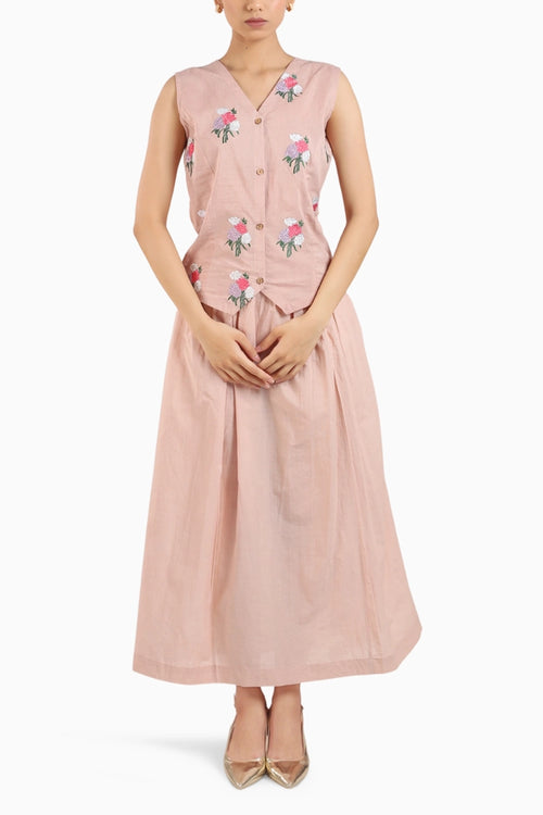 Nude Pink Embroidered Waist Coat With Skirt