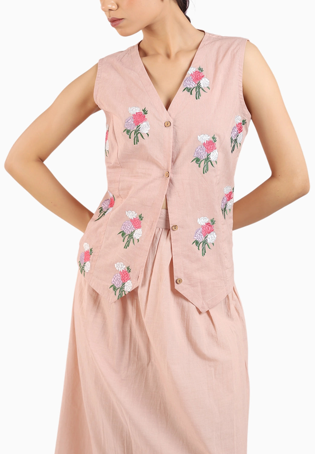 Nude Pink Embroidered Waist Coat With Skirt