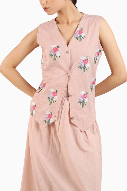 Nude Pink Embroidered Waist Coat With Skirt
