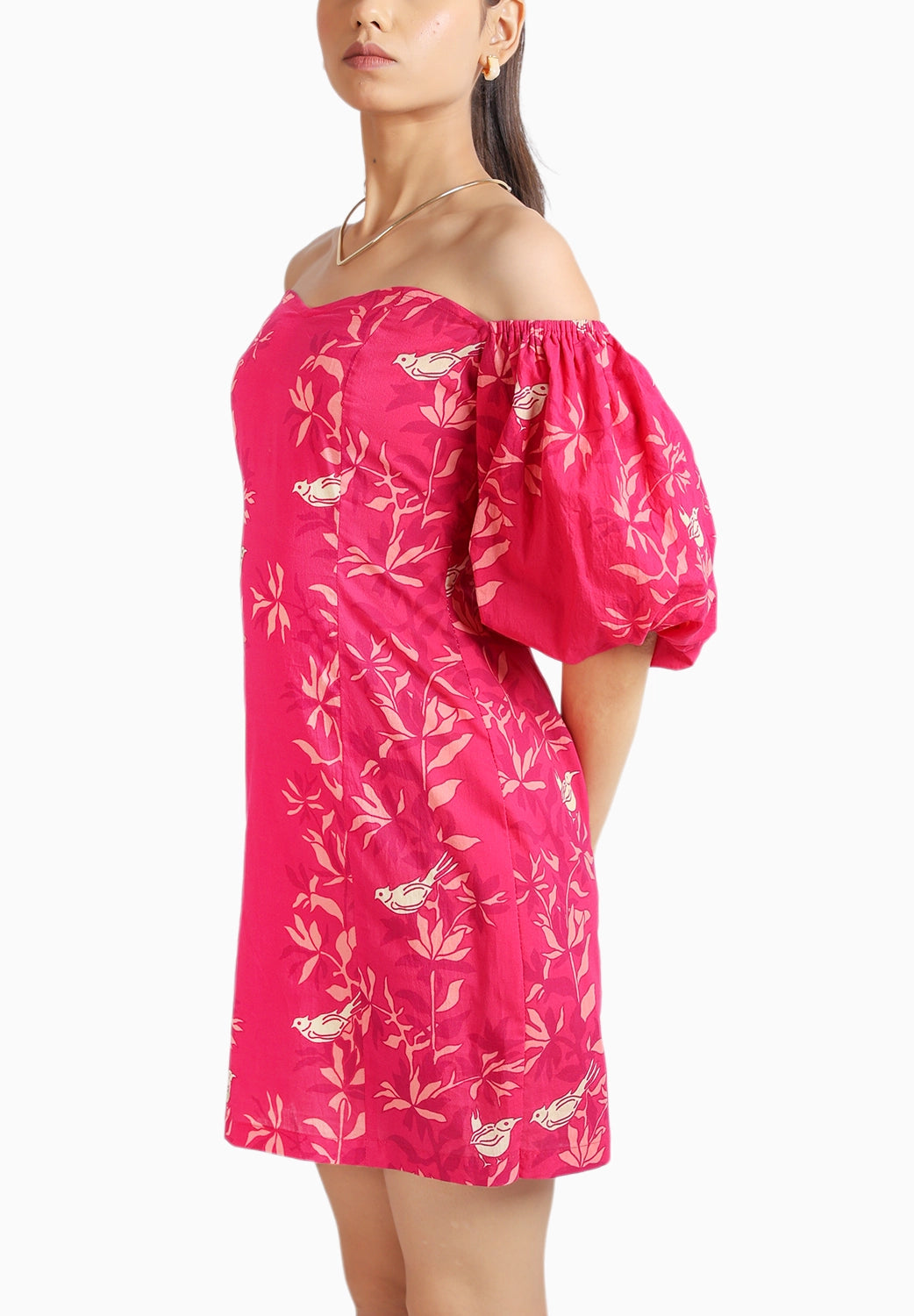 Ruby Pink Short Puffed Sleeves Cotton Dress