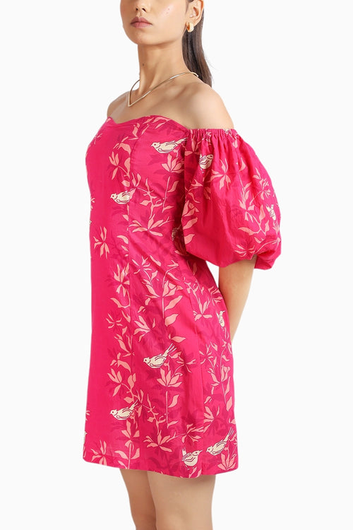 Ruby Pink Short Puffed Sleeves Cotton Dress