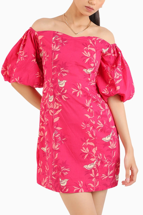 Ruby Pink Short Puffed Sleeves Cotton Dress
