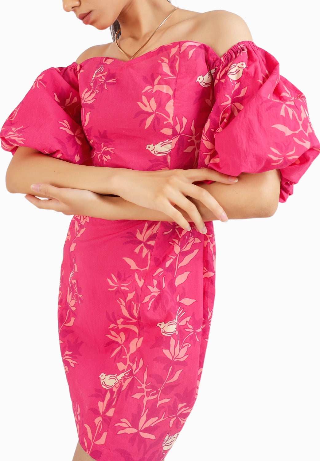Ruby Pink Short Puffed Sleeves Cotton Dress