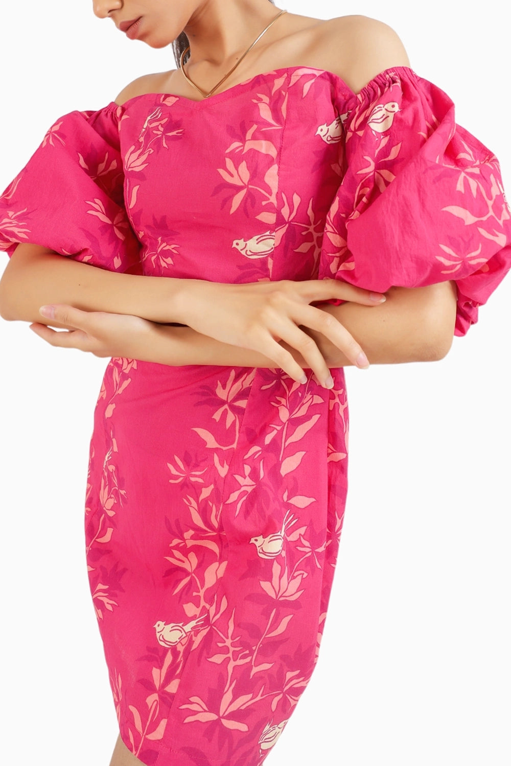 Ruby Pink Short Puffed Sleeves Cotton Dress