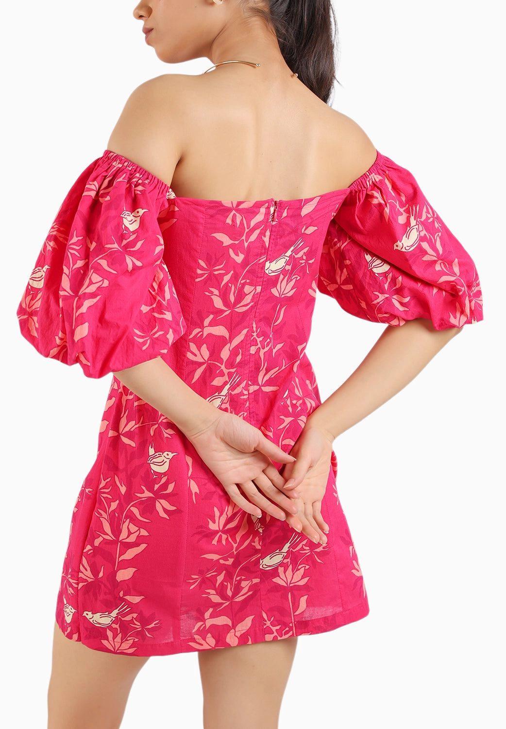 Ruby Pink Short Puffed Sleeves Cotton Dress