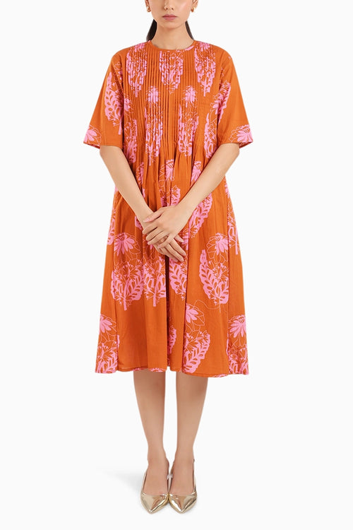 Rust Orange Floral Elbow Sleeve Dress