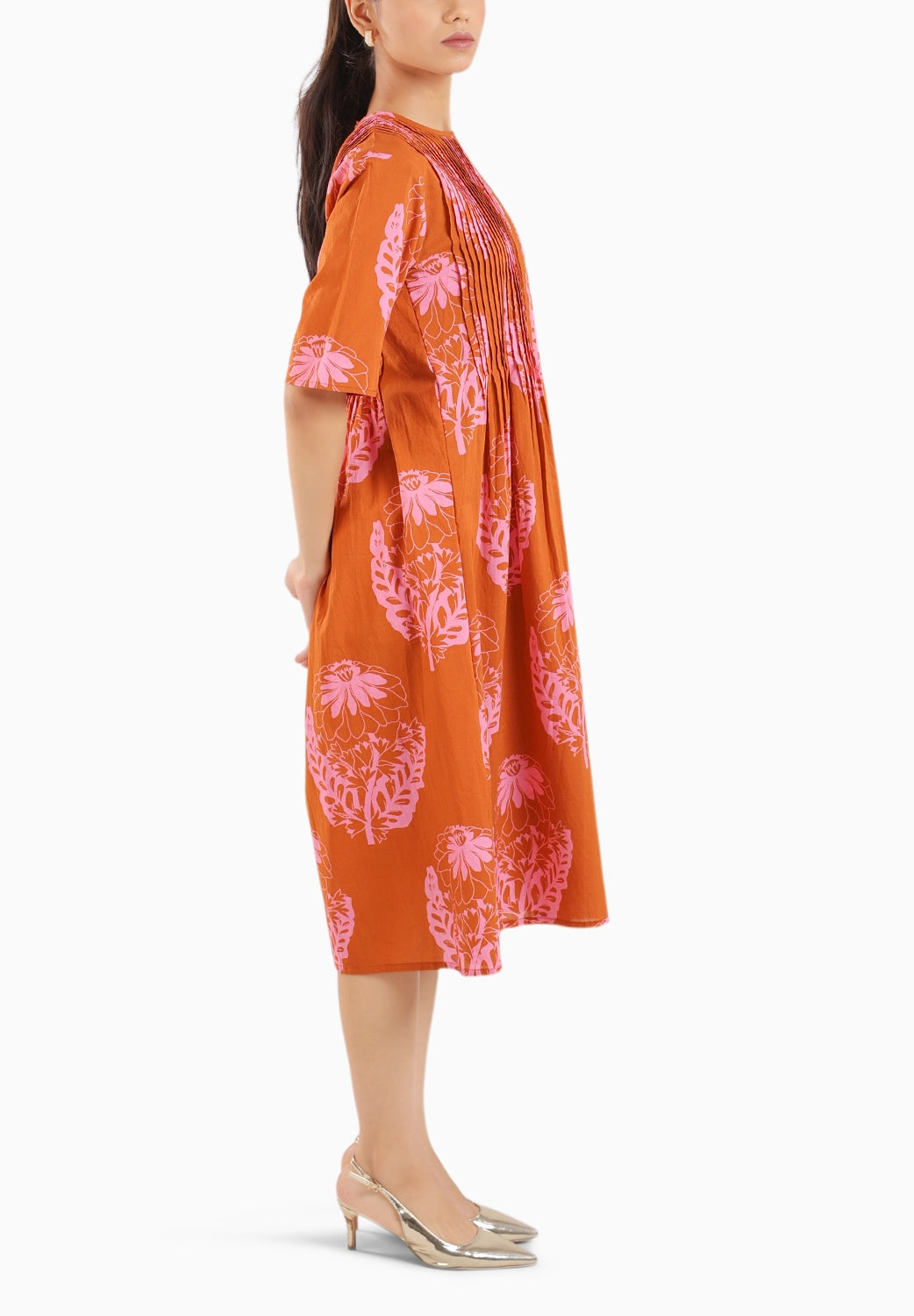 Rust Orange Floral Elbow Sleeve Dress