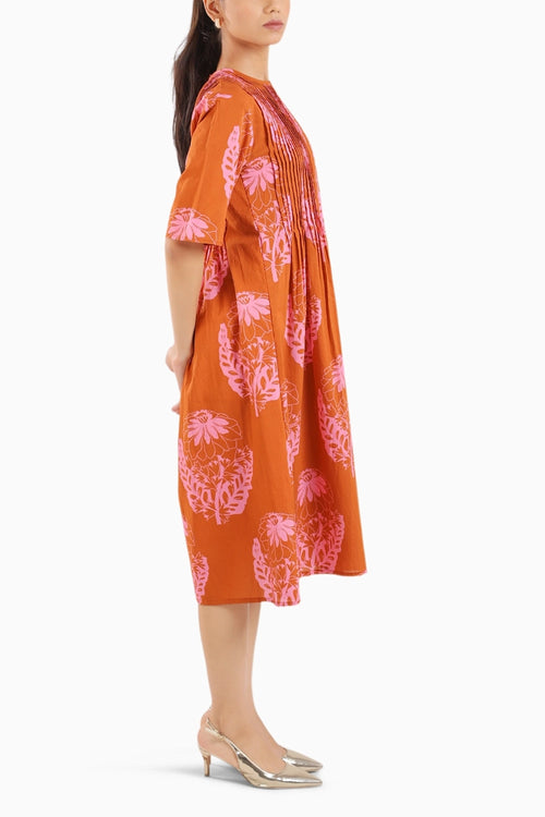 Rust Orange Floral Elbow Sleeve Dress