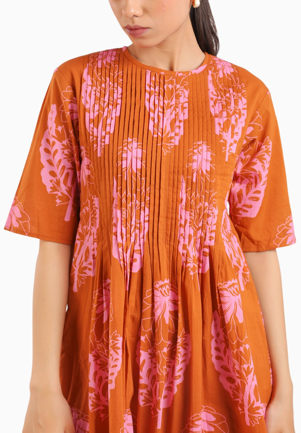 Rust Orange Floral Elbow Sleeve Dress