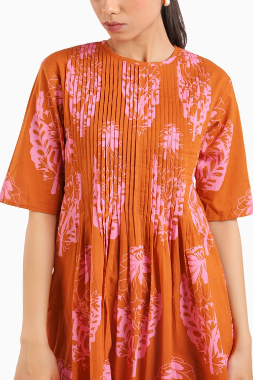 Rust Orange Floral Elbow Sleeve Dress