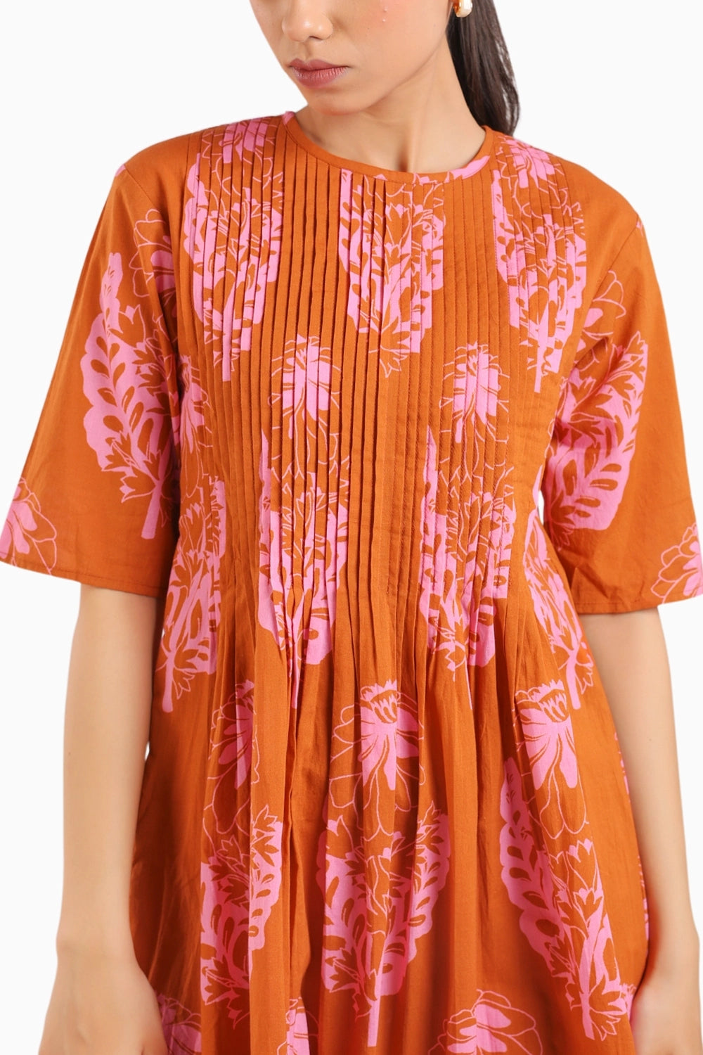 Rust Orange Floral Elbow Sleeve Dress