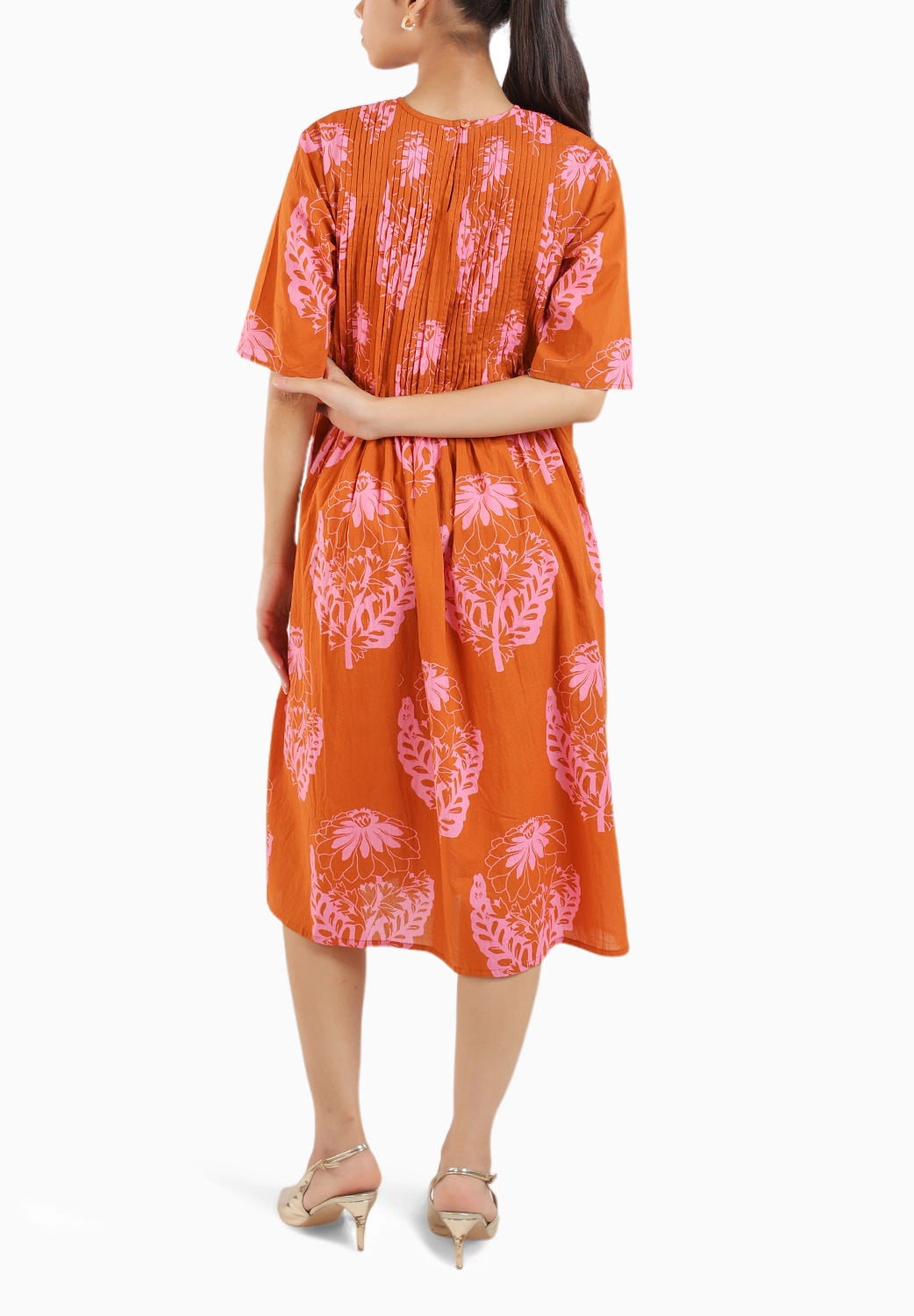 Rust Orange Floral Elbow Sleeve Dress