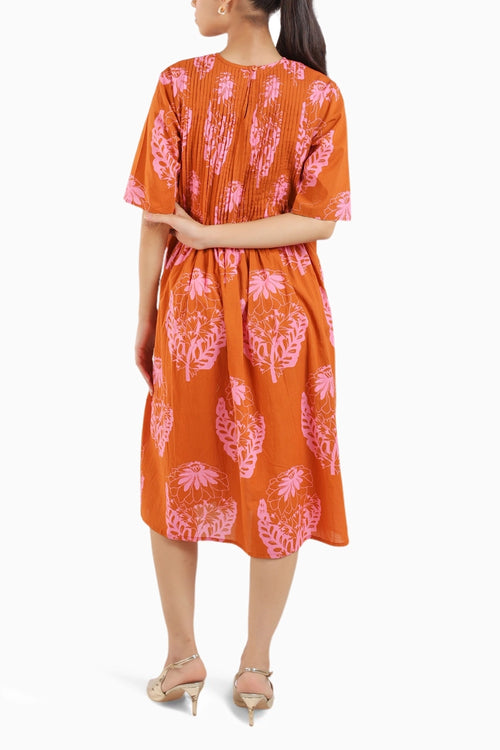 Rust Orange Floral Elbow Sleeve Dress