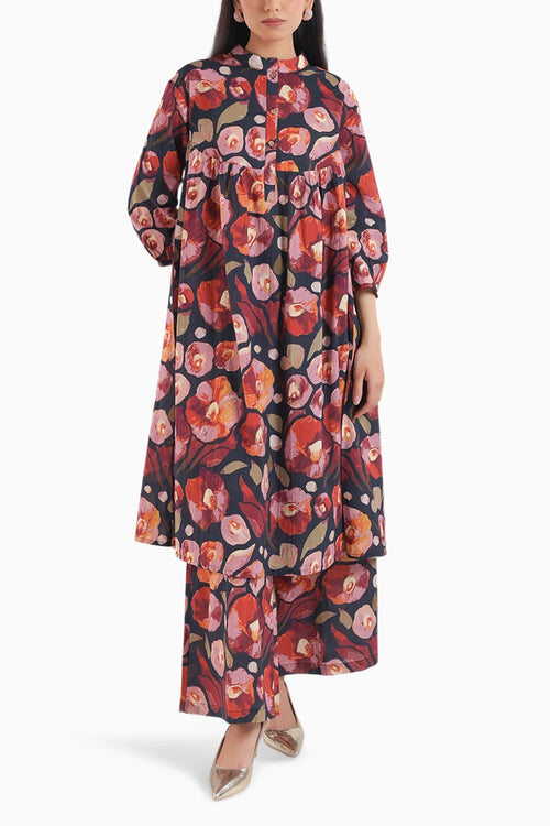 Black Floral Print Kurta Set