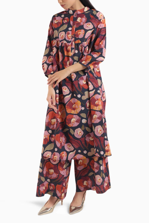 Black Floral Print Kurta Set