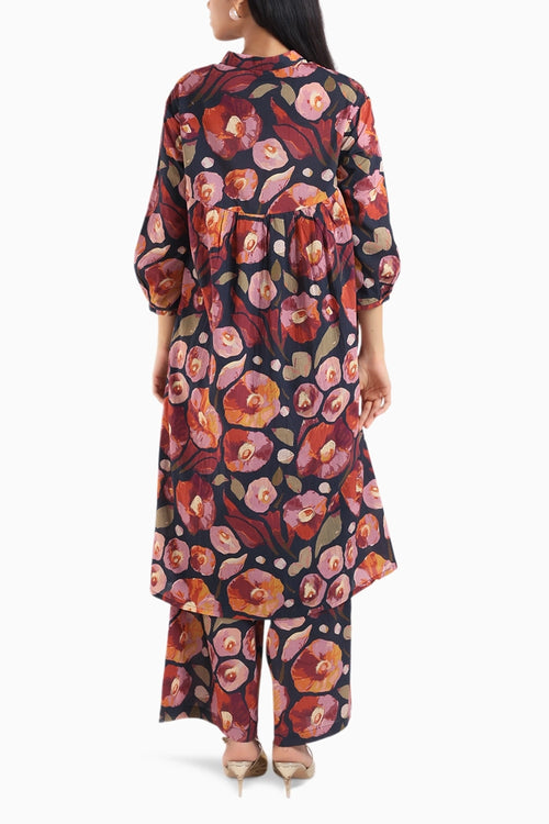 Black Floral Print Kurta Set