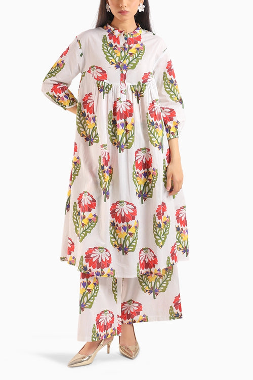 White Foral Printed Kurta Set