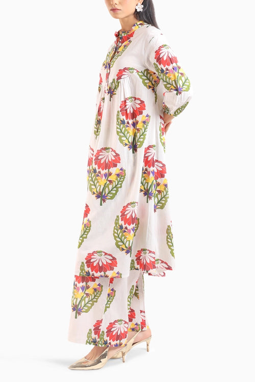White Foral Printed Kurta Set