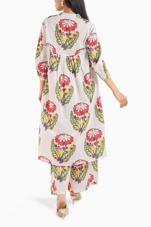 White Foral Printed Kurta Set