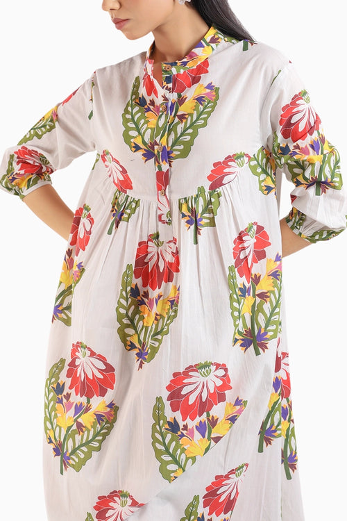 White Foral Printed Kurta Set