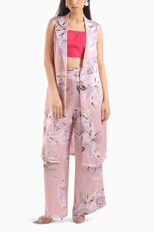 Dusty Pink Collared Kurta Set With Bustier