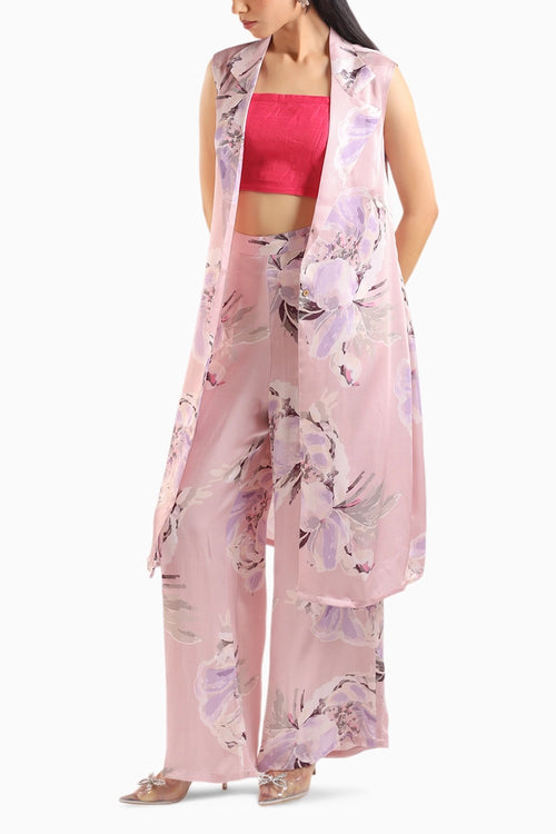 Dusty Pink Collared Kurta Set With Bustier