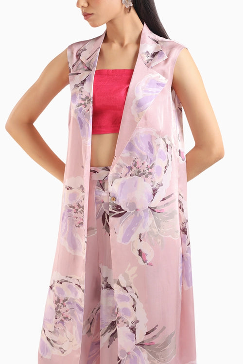 Dusty Pink Collared Kurta Set With Bustier