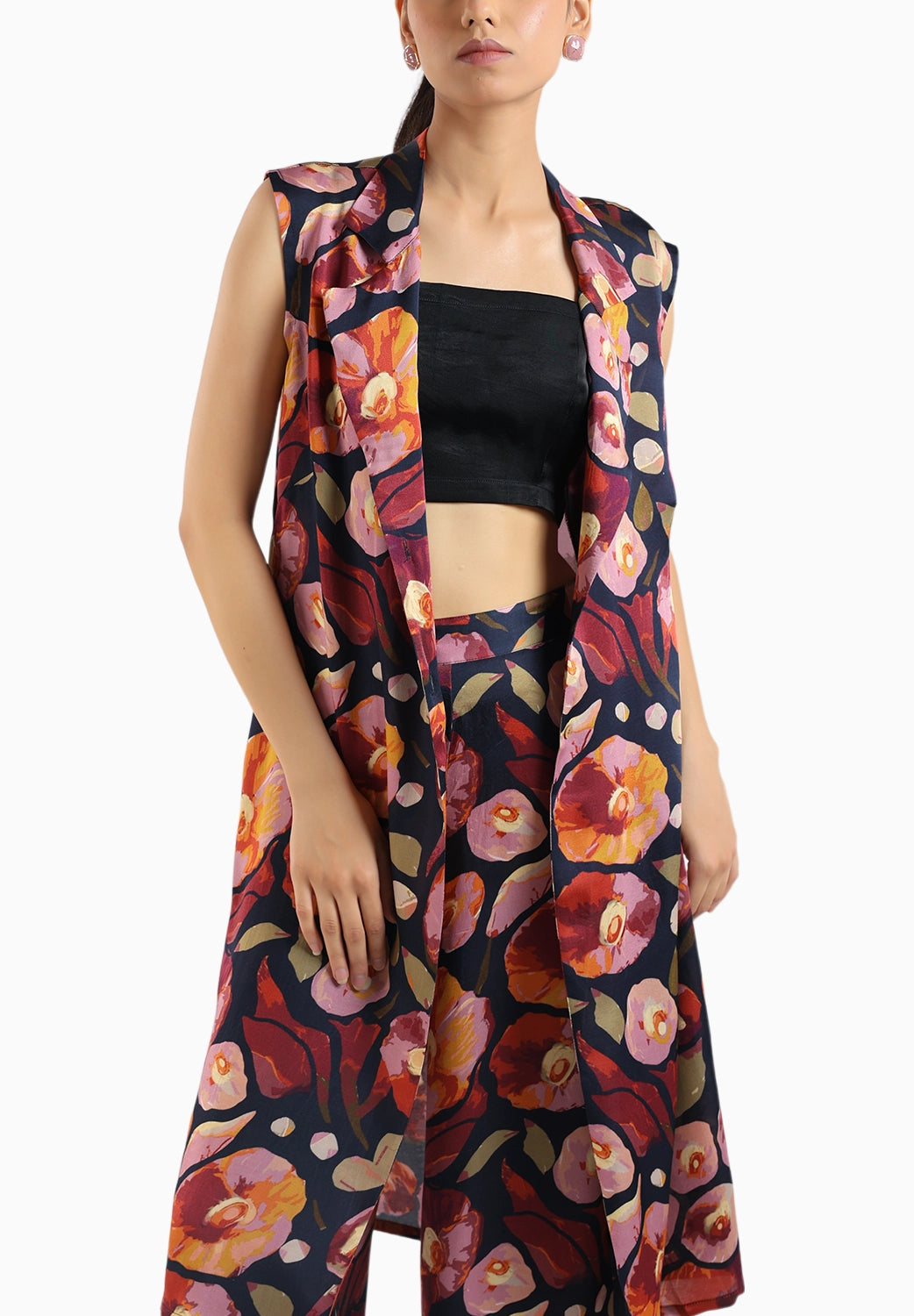 Black Collared Kurta Set With Bustier