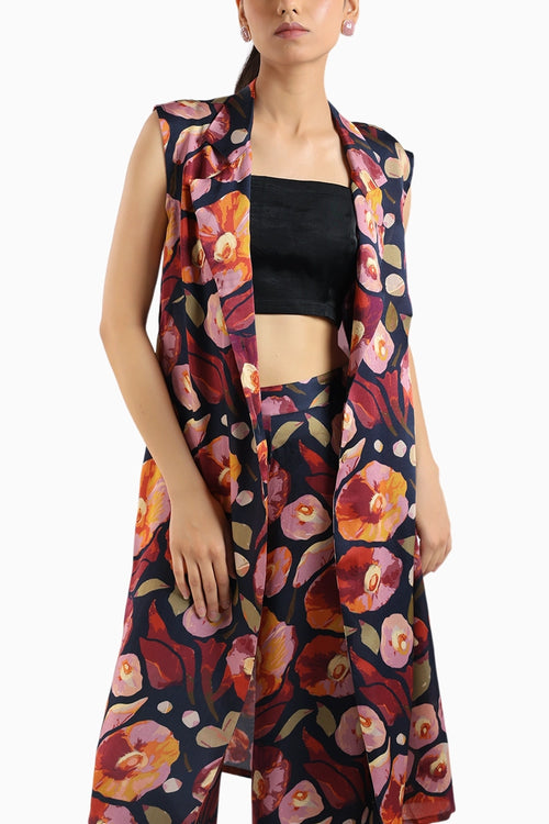 Black Collared Kurta Set With Bustier