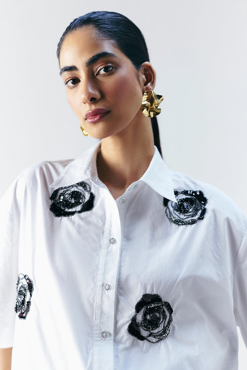White Embellished Boxy Shirt