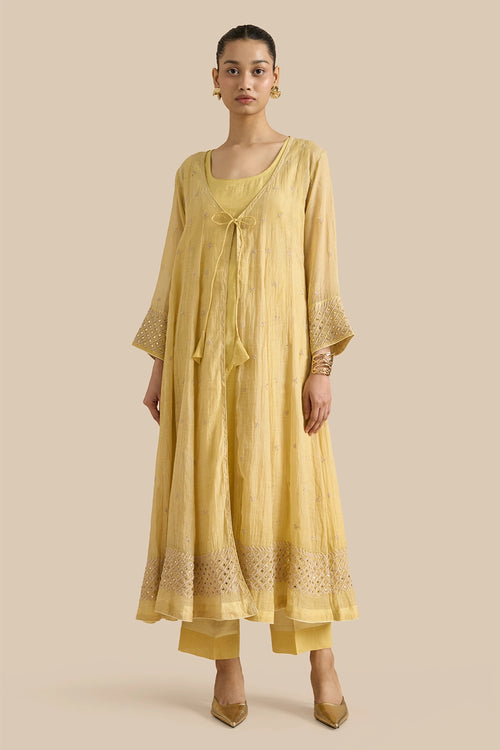 Kalidar Jacket Crafted With Chikankari Threadwork With Mukash