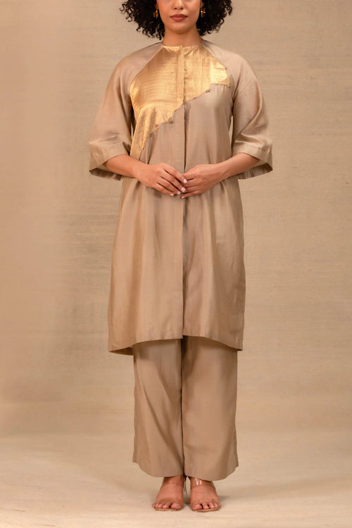 Eeda Grey Silk Kurta Set With Asymmetrical Patchwork