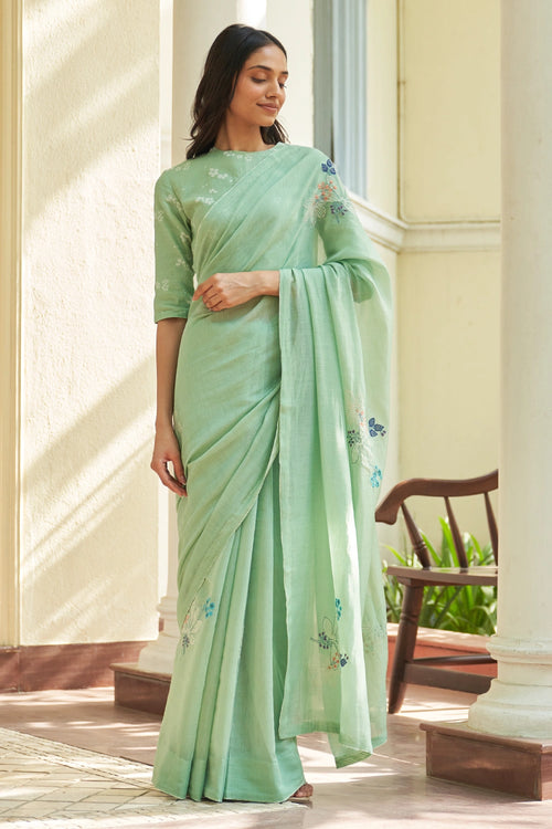 Mint Floral Threadwork Sare