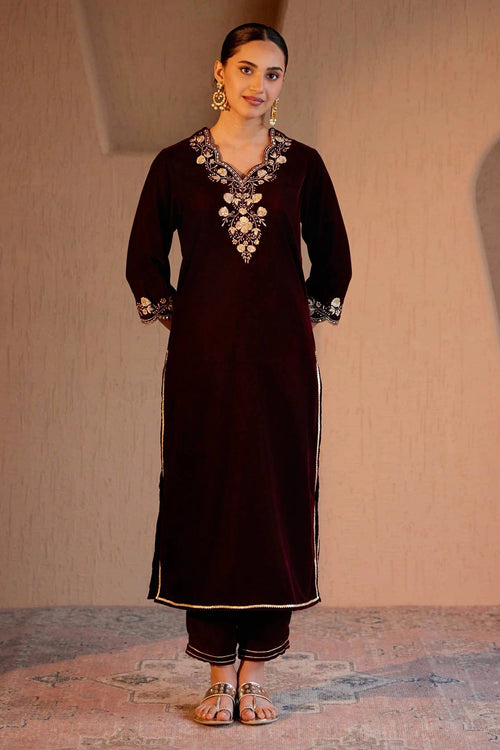 Maroon Velvet Kurta With Pants