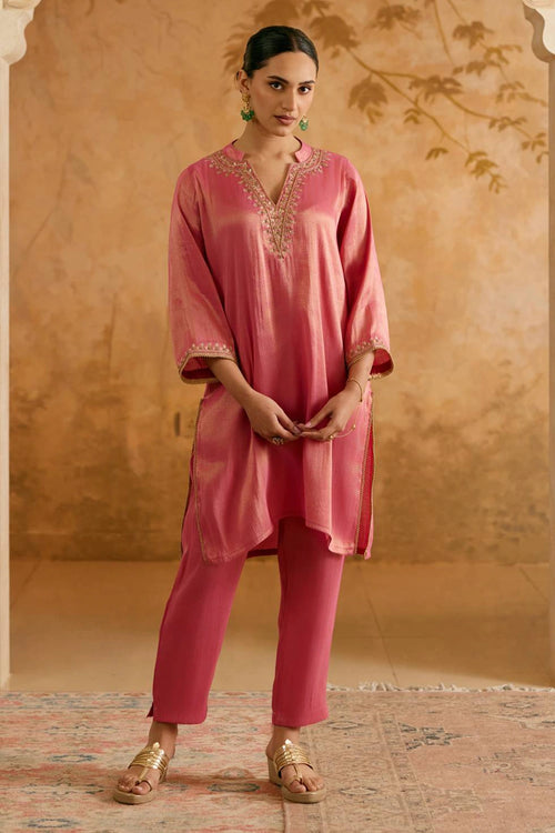 Dahlia Pink Tissue Kurta With Pants