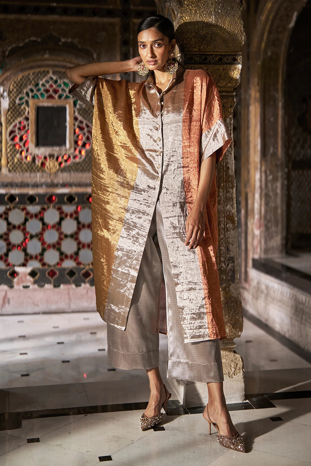 Benares Tissue Striped Longline Top