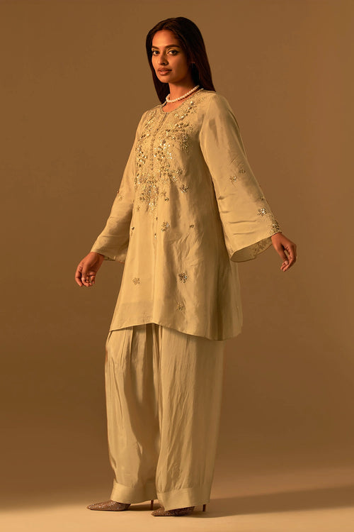 Shell Embroidered Yoke Silk Salwar Set