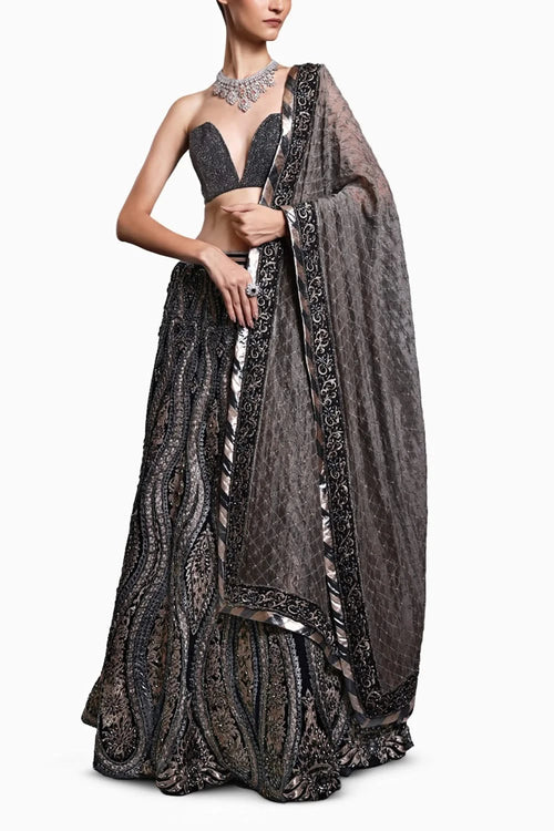 CF Black Applique Lehenga With Dupatta