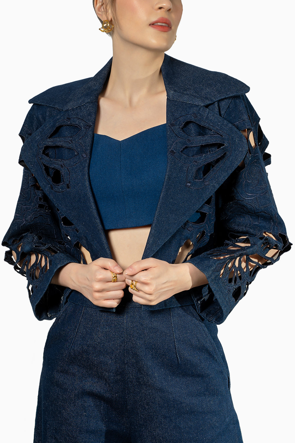 Dark Blue Denim Denim Cutwork Set