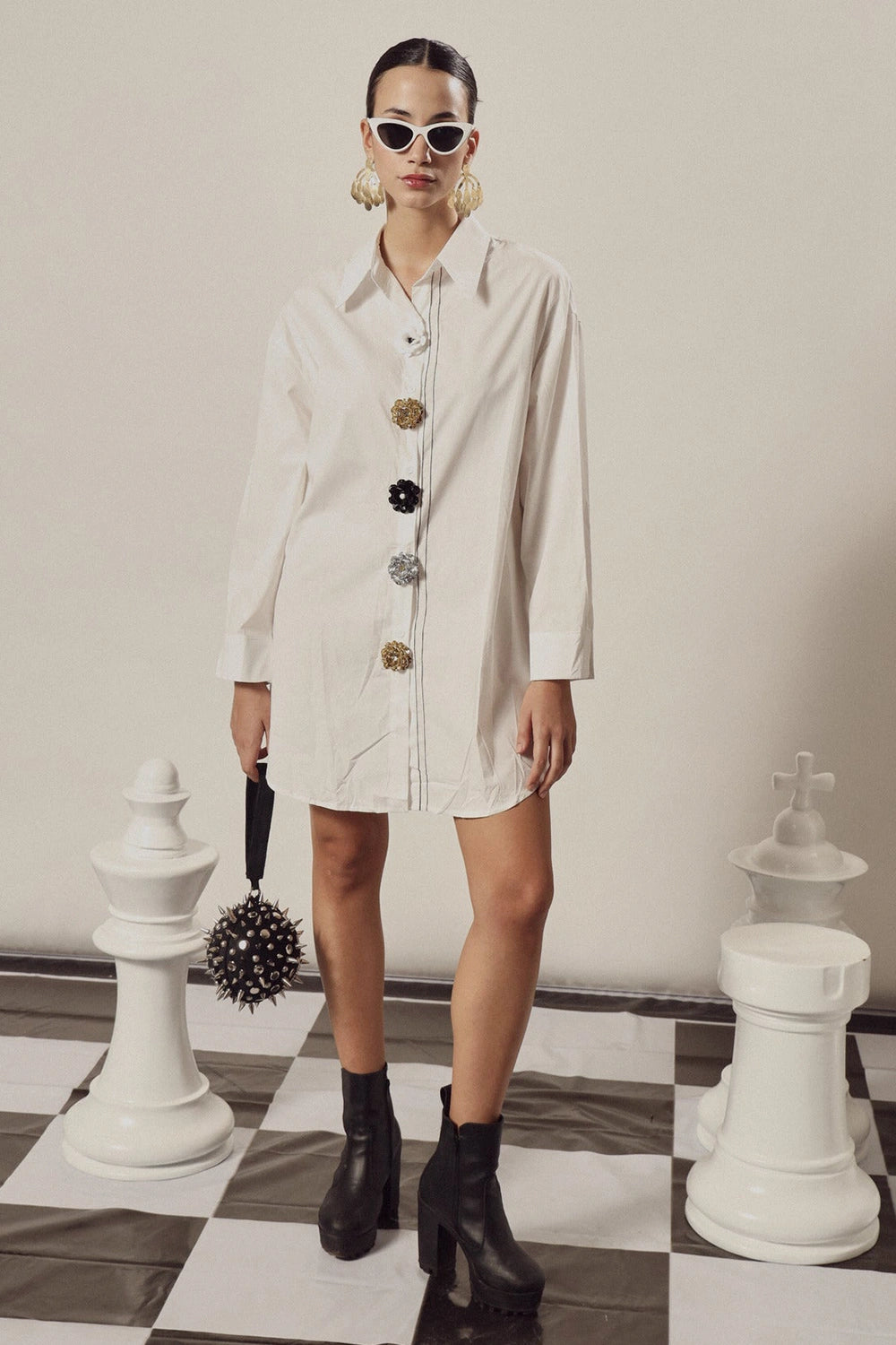 Beatrix Bejeweled White Button Me Up Shirt Dress