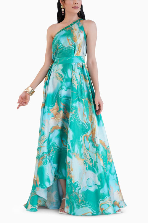 Green Trippy Romance Printed One Shoulder Kaftan Dress