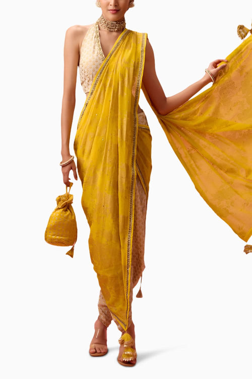 Ghee Yellow Crepe Dhoti Saree