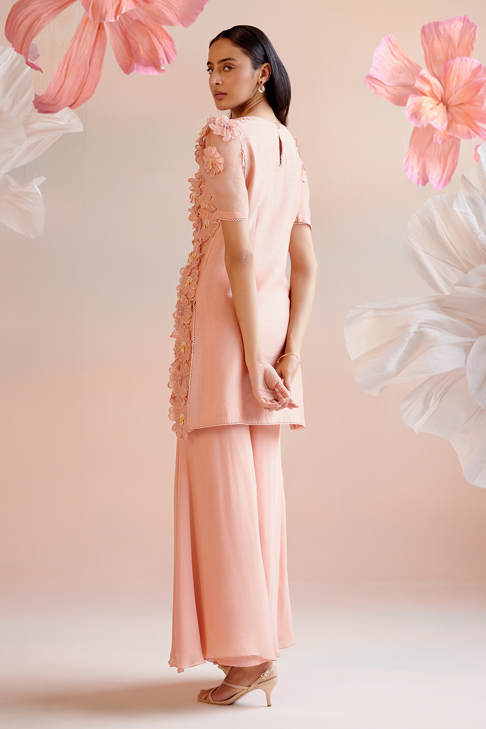 Peach Daisy Short Kurta with Flared Sharara Pant