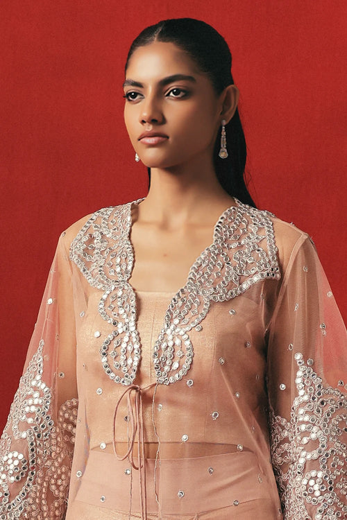 Blush Pink Mirrorwork Tulle Long Jacket