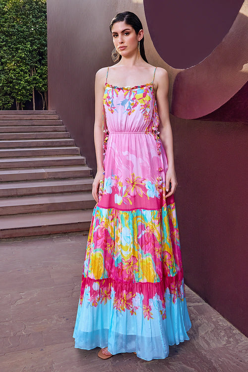 Pink Placement Tiered Maxi Dress